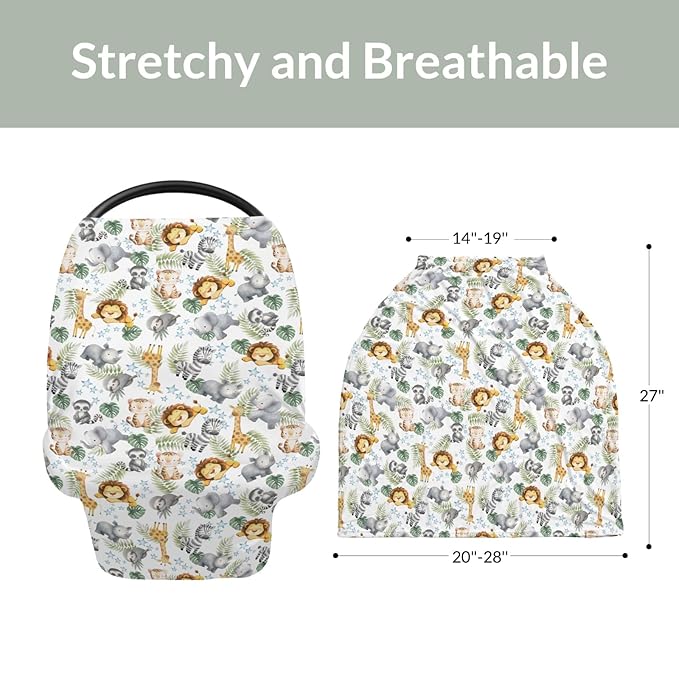 Jungle Friends Baby Car Seat Covers Safari Lion Giraffe Elephant Tropical Leaves Stretchy 5-in-1 Cover Adjustable Infant Carseat Cover Canopy Watercolor African Animals Breathable Nursing Cover-Up