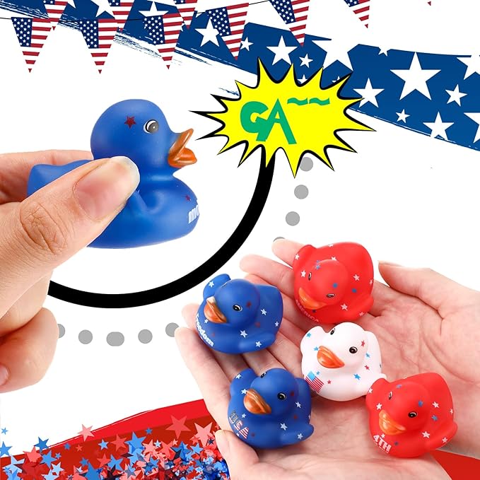 Sratte 50 Pcs Patriotic Rubber Ducks 2'' Blue Red White Mini Ducks in Bulk for USA 4th of July Memorial Day Independence Day Party Favors Decor Supplies Star Rubber Baby Bath Toys for Kids Adults