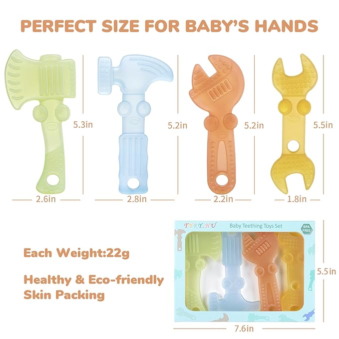 TYRY.HU Baby Teething Toys for Babies 0-6 Months 6-12 Months, BPA Free Silicone Baby Molar Teether Chew Toys, Hammer Wrench Spanner Pliers for Boys Girls, Soft-Textured, Easy to Hold & Clean, 4 Packs