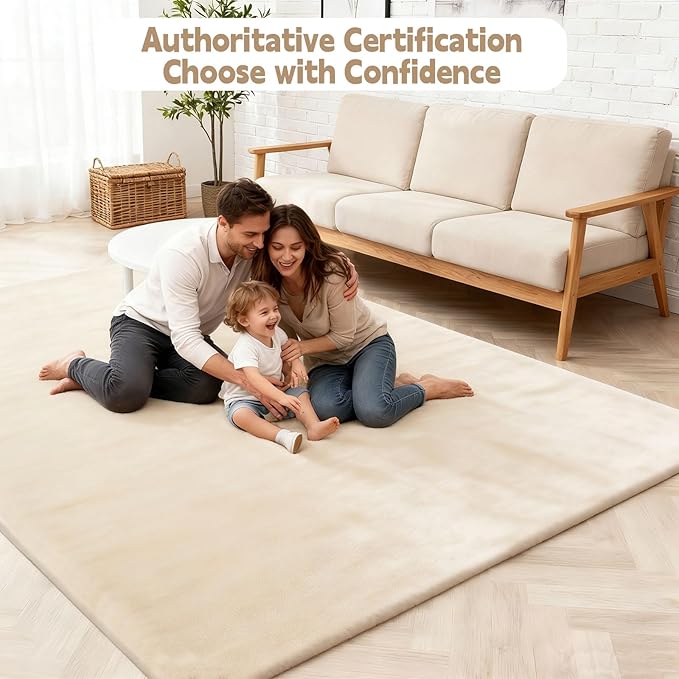 Velvet Baby Play Mat for Floor, 1.3" Thick Elasti-Foam 74"×50" Playpen Mat with Removable & Washable Velvet Cover for Toddler, Infant,Kids, Non-Slip Crawling Mat for Tummy Time (Beige)
