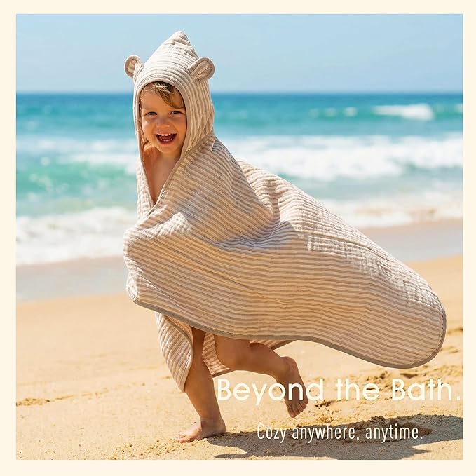 Ultra-Soft Muslin Toddler Hooded Towel – 55 x 28 Inches, Made with Organic Cotton, Gender-Neutral Warm Brown Striped Jacquard Pattern, Ideal for Bath & Beach, Newborn to Toddler