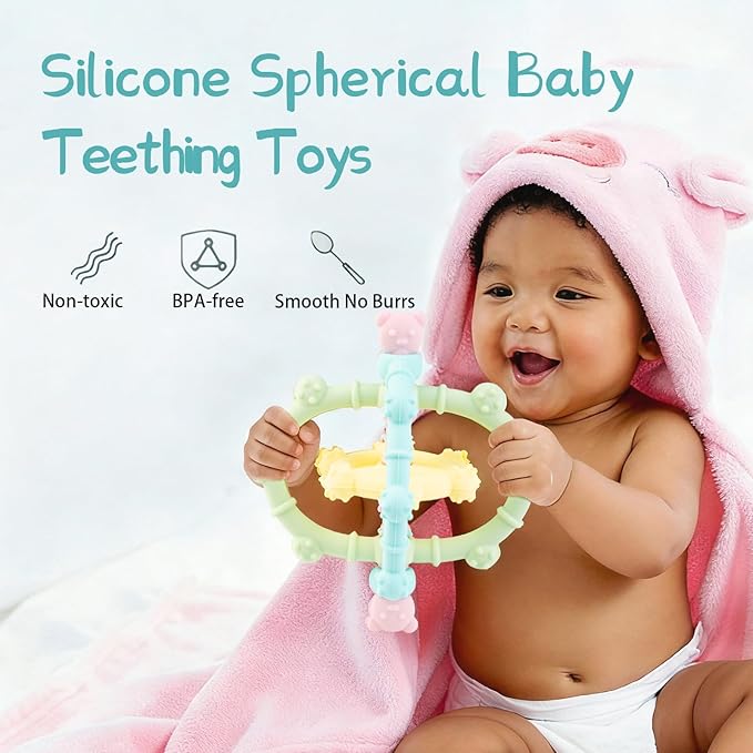 Food Grade Silicone Baby Teething Toys, 3-6 Months Easy-Hold Handle Infant Balls, 2 Pack Detachable Assembly of Baby Chews Toys, BPA Free,for Infant Boys Teethers