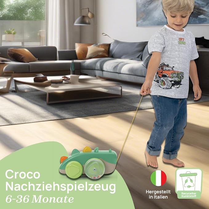 Chicco, Crocodile Pull Along Eco+, Pull Along Toy, 50 cm Long Rope, Wheels with Balls, Tumbling Movement, Recycled Plastic, Made in Italy, Children's Toy from 12-36 Months