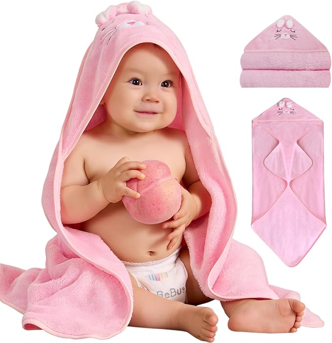 Hooded Baby Towel, Premium Soft Coral Fleece Baby Towel for Baby, Newborns, Toddlers, Infant- Ultra Absorbent, Natural Baby Stuff Towel with Hood for Boys and Girls (Pink Cat)