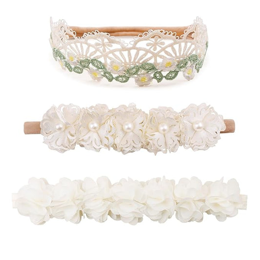 cherrboll 3pcs Baby Girl Headbands Flowers, Super Soft & Stretchy Nylon Floral Hairbands for Newborn Toddler
