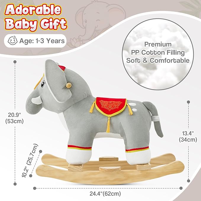 FUNLIO Thai Elephant Baby Rocking Horse for Toddlers 1-3 Years, Cute & Graceful Gray Elephant Rocker for Baby, Stuffed Plush Ride-on Rocking Animal, Easy to Assemble, CPC & CE Certified