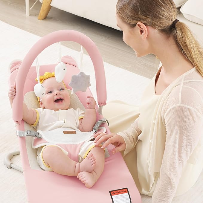 Baby Bouncer, Foldable Infant Bouncer Seat with 3 Adjustable Heights, 0-18 Months, Portable Baby Bouncer with Soft Cotton Fabrics, Lightweight & Easy to Wash