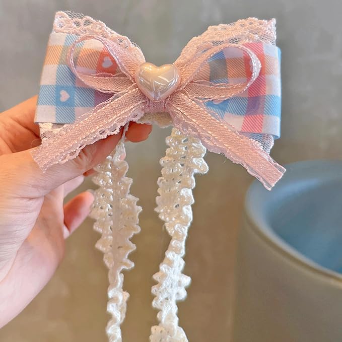 Baby Girls Hairbands Bow Lace Headband Handmade Soft Stretchy Pink Bowknot Hairbands Newborn Hairband with Bows Elastic Hair Bands for Kids Infant(Pink Blue Heart Bow