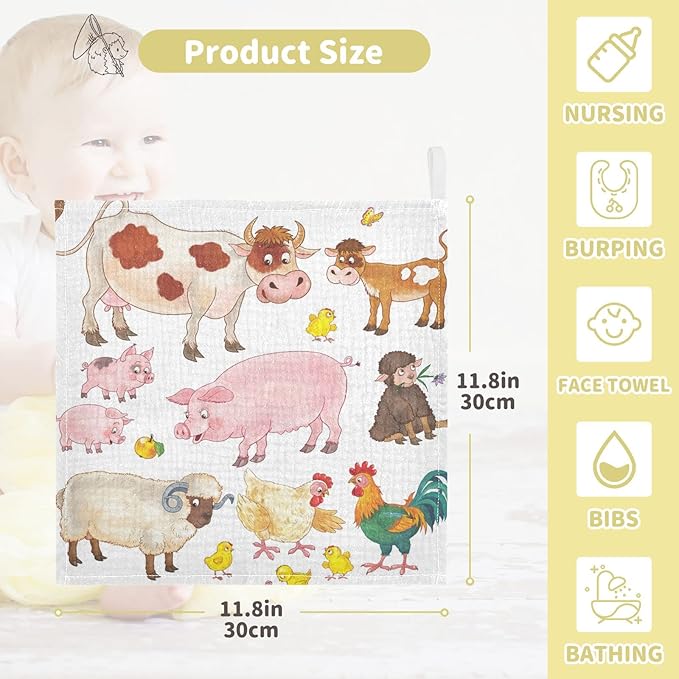 Cow Pig Sheep Chick Baby Muslin Washcloths Farmhouse Animals Burp Cloths Soft Absorbent Baby Wash Cloth Fingertip Face Towels for Newborn Boys Girls 12 x 12 in, 5 Pack