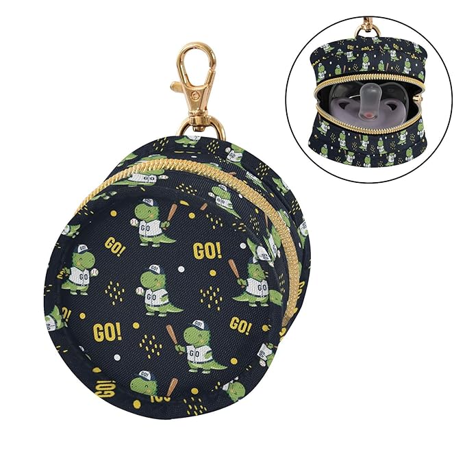 Cartoon Baseball Dinosaur Print Pacifier Holder Case for Diaper Bag Portable Travel Pacifier Storage Case with Clip Newborn Baby Pouch for Baby Boys Girls Purse Outdoor