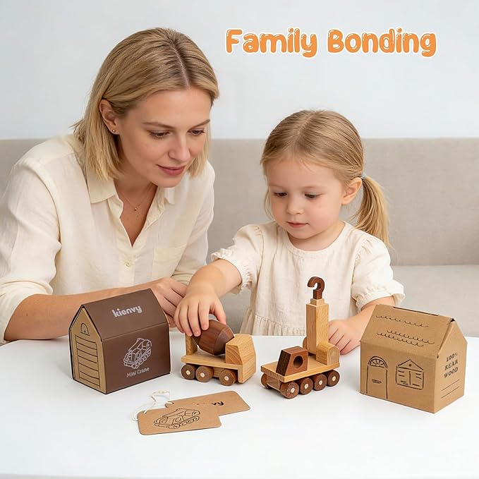 Wooden Toy Cars for 3 Year Old Boys & Girls - Construction Vehicles Set Push Toys for Toddlers, Wood Montessori Car with Rolling Wheels, Natural Wood Toys (Crane & Concrete Mixer Truck)