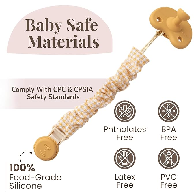 Muslin Cotton - Metal-Free Pacifier Clips, Lightweight and Secure Pacifier Holder for Babies (Sun Éclat) - Mila & Lulu
