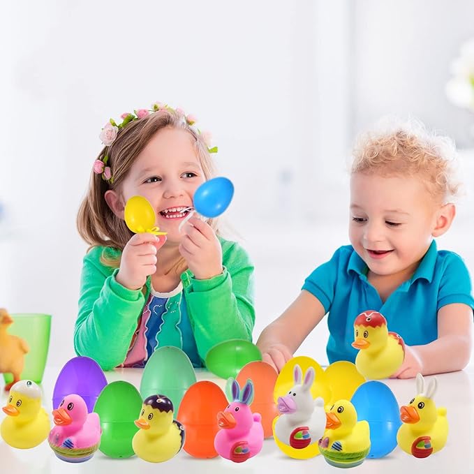 24 Pcs Prefilled Easter Eggs with Bunny Duckies,Bright Colorful Easter Eggs Prefilled with Variety Duckies for Fun Bath Bunny Duckies, Easter Basket Stuffers and Bathtub Toys Party Favors