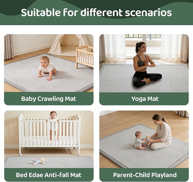Baby Play Mat for Floor, 1.3 Inch Thick Memory Foam Tummy Time Mat with Non Slip Backing, Soft Coral Velvet 71X79 Inch Playpen Mat Crawling Tatami for Infants Toddlers Kids, Light Grey