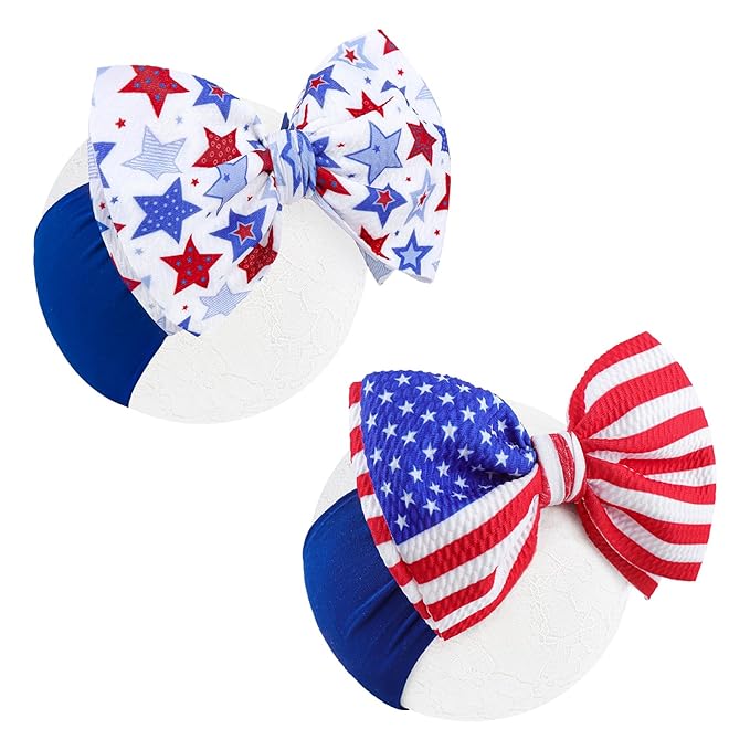 American Flag Headband with Red, White and Blue Patriotic Star Bows - Nylon Hairband for Girls and 4th July Accessories