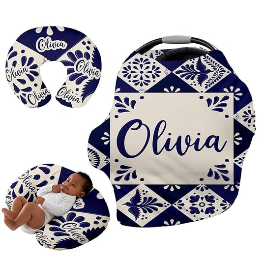 Custom Car Seat Covers for Babies - Breathable Baby Car Seat Cover for Girls Boys, Kick-Proof Newborn Carrier Canopy Stretchy Stroller Cover for 4 Seasons Deep Blue Flower