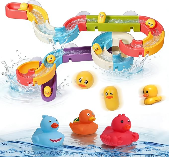 Bath Toys Toddlers（37PCS） Duck Slide Bath Toy Track with 3 Rotating Suction Cups Toys,Bath Toys for Kids Ages 4-8 , DIY Bathtub Time Birthday Gifts for Toddler Kids 3+ Years Old