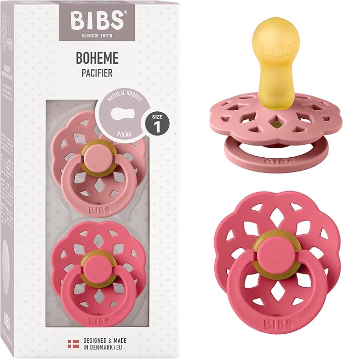 Bibs Pacifiers 0-6 Months | Boheme Collection 2-Pack | BPA-Free Round Nipple | Made in Denmark | Dusty Pink/Coral Color Pacifier