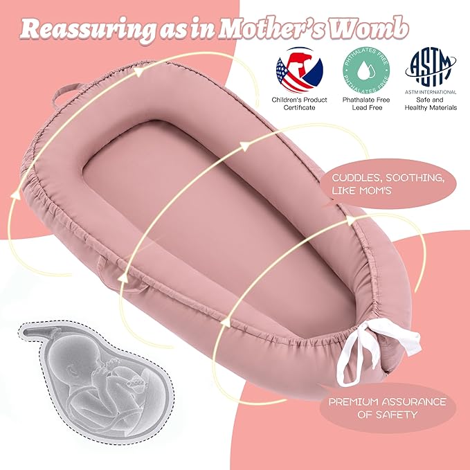 Alened Baby Lounger for Newborn 0-12 Months, Portable Infant Lounge on Floor for Supervised Tummy Time, Babies Support Pad with Breathable Cotton for New Born Awake Use Only - Pink