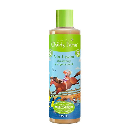Childs Farm, Kids 3 in 1 Swim, Strawberry and Organic Mint 250 ml, Body Wash, Shampoo and Conditioner, Suitable for Dry, Sensitive and Eczema-Prone Skin