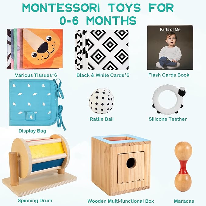 WOODMAM Montessori Toys for Babies 0-6 Months, 9 in 1 Learning Educational Sensory Toys for Newborn 0-3-6 Months, Includes High Contrast Cards, Baby Tissue Box Toy, Spinning Drum, Teether and More
