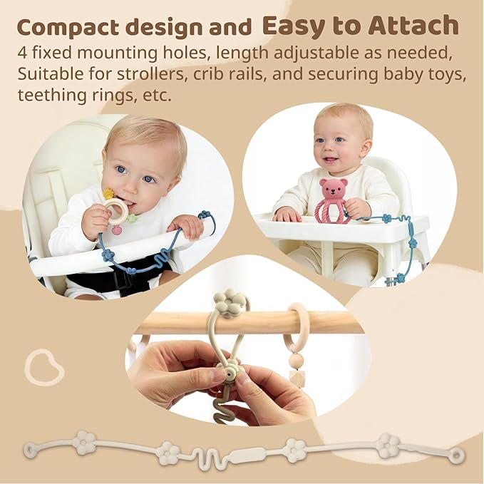 3Pcs Baby Silicone Teether Toy Set - Food-Grade Silicone Teething Relief Toys,Wooden Ring Teether Cute Bear Toy and Toy Straps for Babies 3-12 Months (Bright Beige)