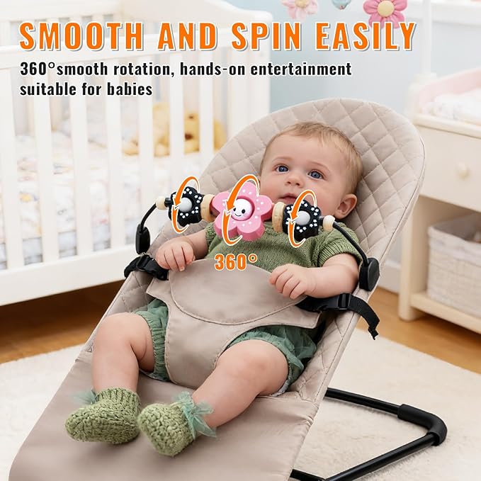 THE KENKYO Baby Bouncer Toy Bar Compatible with Baby Bjorn, Wooden Bouncer Toy Bar Attachment for Girls Boys, Fun Sensory Learning Toys for Toddler, Spinning Toys for Neworn Shower Gift