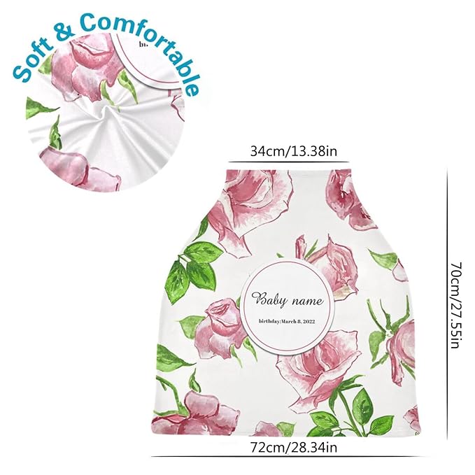 Personalized Baby Car Seat Cover for Babies, Custom Name Baby Car Seats Canopy for Girls, Nursing Breastfeeding Stroller Covers for Infant Newborn, Shower Gift (Rose Flower)