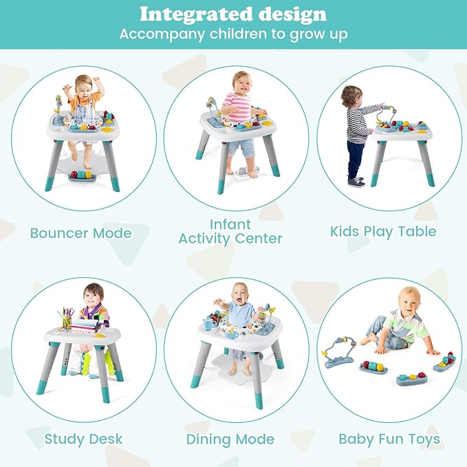 HONEY JOY Baby Bouncer Activity Center, 6-in-1 Infant Jumper & Standing Play Table w/ 360° Rotary Seat, 5 Toys, 3 Adjustable Heights, Music & Sounds, Activity Center for Babies(Blue)