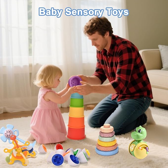 Montessori Baby Toys 6-9 12-18 Month,7-in-1 Sensory Infant Teething Toys for 6-12 Month,Stacking Blocks Cups Ring Matching Eggs Pull String Suction Cup Toy for Babies 6-12+ Months,1 Year old Baby Gift