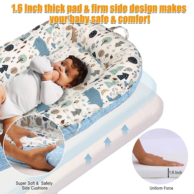 Baby Lounger - Baby Lounger for Newborn, 0-24 Months, Reversible Adjustable Newborn Lounger Baby Nest for Home and Travel, 100% Organic Cotton Washable Infant Lounger Cover, Essential Baby Gift (Blue)