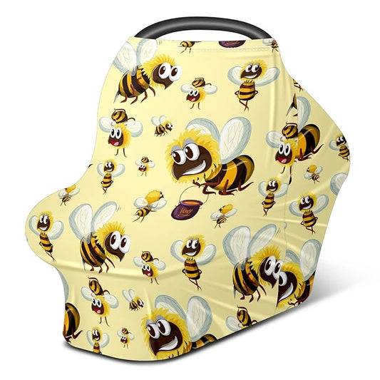 Baby Car Seat Stroller Covers Cartoon Bumble Bee Nursing Cover Breastfeeding Scarf Soft Breathable Stretchy Infant Car Canopy Coverage Carseat Cover for Boys and Girls Multi Use