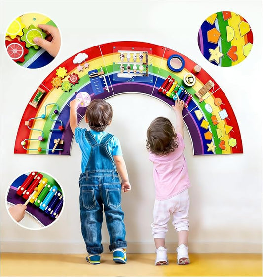 Activity Wall Busy Board for Toddlers: Montessori Sensory Toys- Sensory Wall Panel for Kids Playroom Daycare Learning Center Rainbow