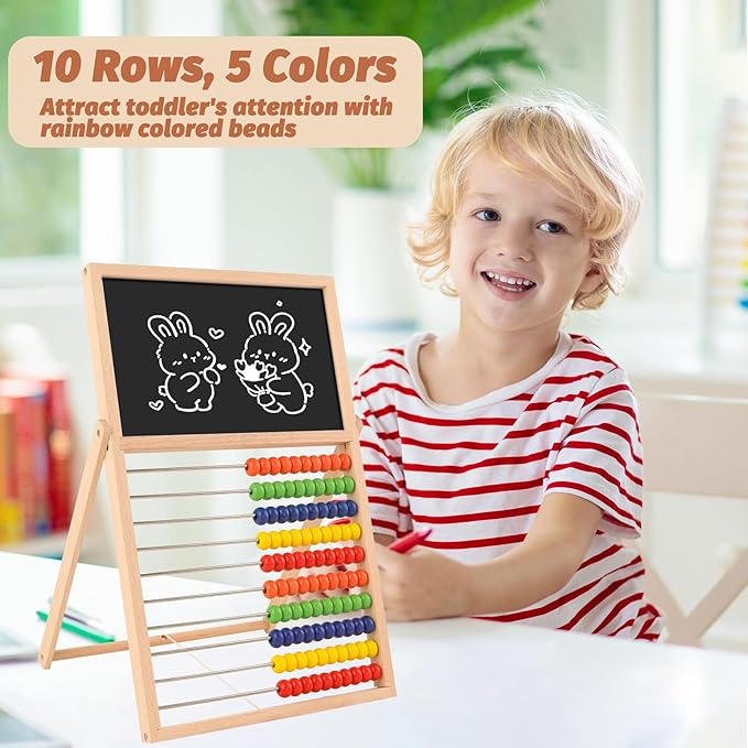 Wooden Abacus for Kids Math - Double-Sided Blackboard Whiteboard Magnetic Abacus with 100 Magnetic Number & Fruit Stickers - Educational Counting Games Kids Gift