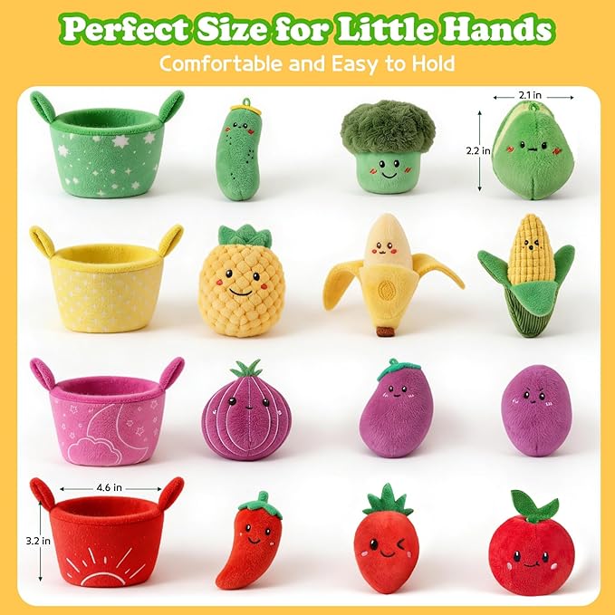 SAIMAND Baby Toys 6–12 Months, 16PCS My First Fruit Vegetable Sensory Toys for Babies Infants, Color Sorting Play Food with Crinkle & Rattle, Montessori Toys for 1 Year Old Toddlers Boys Girls