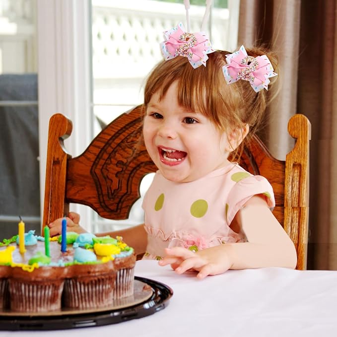Birthday Hair Clips for Baby Girls - 2Pc Pink Sprinkle Bow Hair Clips for 2nd Birthday Glitter Ice Cream Baby Bow Party Decorations for Girls Toddlers Hair Accessories (Pink-2 Years)