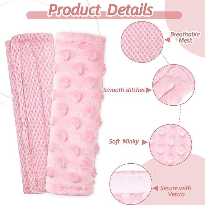 Baby Car Seat Strap Pads, Car Seat Strap Shoulder Covers for Baby Infant Toddler, Double-Sided Car Seat Belt Covers for Stroller/Pushchair/Baby Swing, Soft Flannel & Mesh, Pink