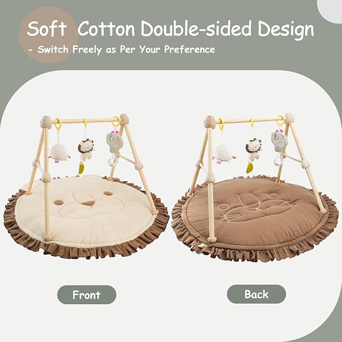 4-in-1 Wooden Baby Play Gym & Activity Mat, Soft Cotton Tummy Time Mat for Babies 0+,with 3 Detachable Toys for Sensory & Motor Skill Development,Newborn Infant Baby Essentials Gift,Light Brown-Lion