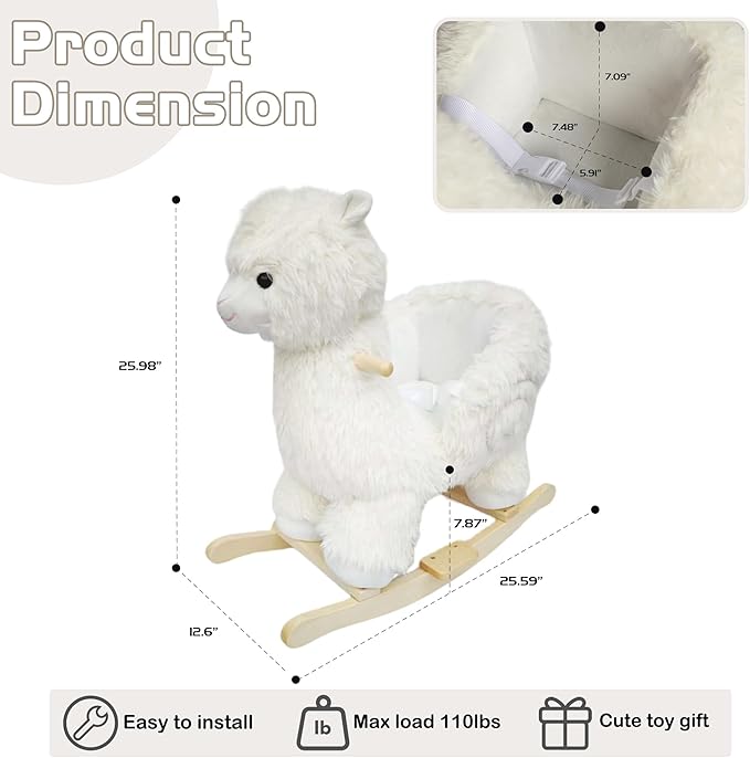 Baby Rocking Horse, Plush Alpaca Rocking Horse with Music, Wooden Riding Horse for Toddlers 1-3 Year, Toddler Stuffed Ride-on Rocker Animals Toy for Christmas Birthday Gift White