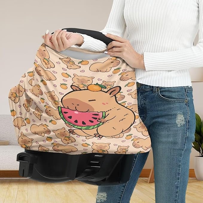 AFPANQZ Capybara Watermelon Baby Car Seat Covers for Girls All Weather Multifunctional Infant Car Seat Canopy Nursing Breastfeeding Scarf Shield Soft Breathable Stretchy 360 Coverage for Babies