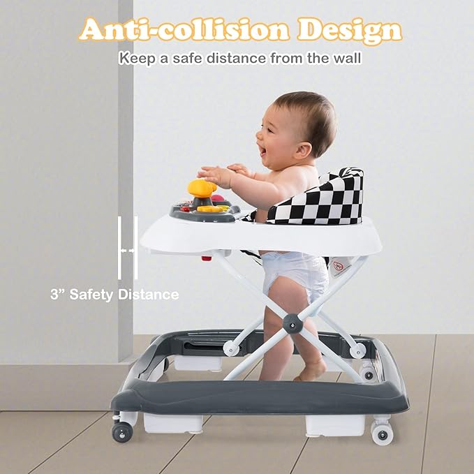 INFANS Foldable Baby Walker, 3 in 1 Toddler Walker Leaning-Seated Walk-Behind with Removable Music Tray, Adjustable Height, Washable Seat Cushion for Boys and Girls (Checkerboard)
