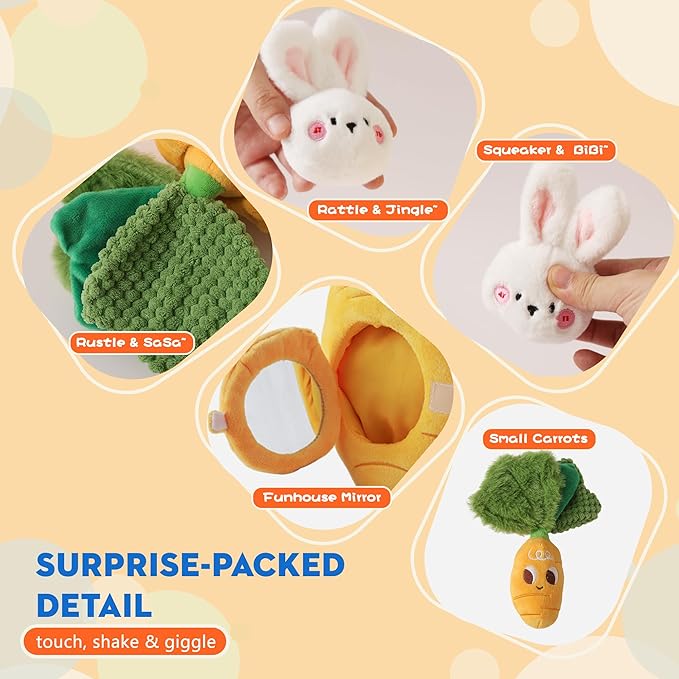 Sensory Carrot House Toy for Babies - Plush Montessori Toy with Mirror, 3 Bunny Rattles & Pull-Out Carrot, Crinkle Leaf, Fine Motor Skills Development, Washable