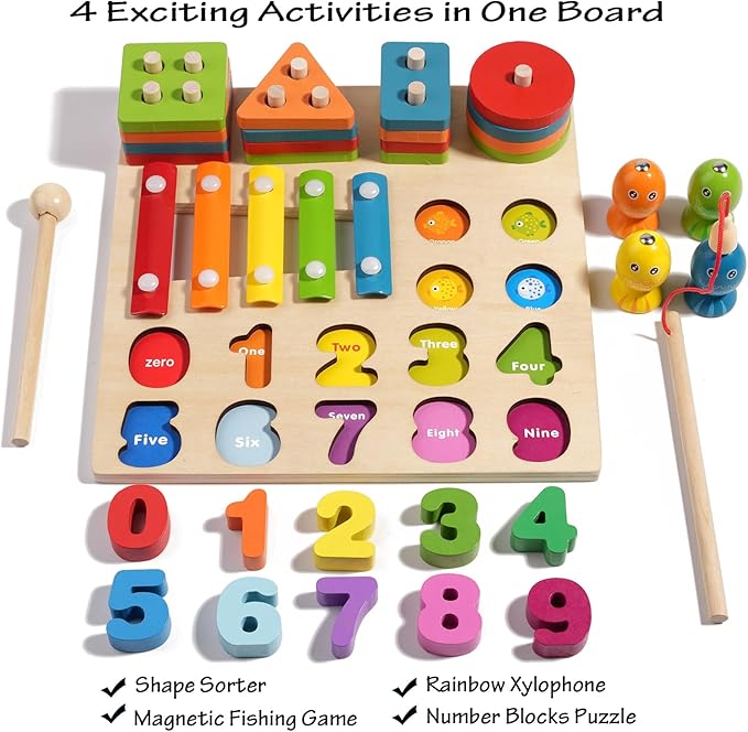 4-in-1 Wooden Activity Board for Toddlers Kids - Montessori Learning Toy with Magnetic Fishing, Number Blocks Puzzles, Shape Sorter & Xylophone - Educational Gift