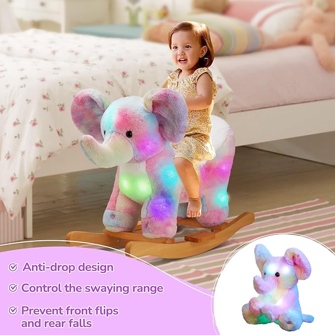 Glow Guards Light up Musical Elephant Baby Rocking Horse, Rainbow Elephant Rocker Set of 2 with Elephant Stuffed Animal, Stuffed Plush Ride-on Rocking Animal for Toddlers Baby Girl Ages 1-3