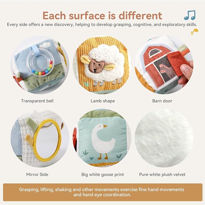 let's make Baby Activity Cube, Farm Soft Block Sensory Toys 6-12 Months with Rattle, 3D Corduroy, Mirror & Travel Clip - Tummy Time Toy Boy Girl Gifts