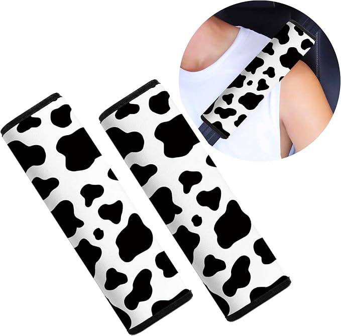 Car Seat Belt Pad Cover, 2-Pack Soft Car Safety Seat Belt Strap Shoulder Pad for Adults and Children, Suitable for Car Seat Belt, Backpack, Shoulder Bag (Cow Pattern)