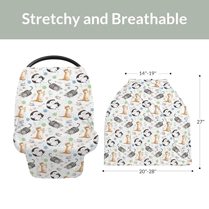 Cute Cat Baby Car Seat Covers Watercolor Cat Paws Mouse Toy Balls Neutral Stretchy 5-in-1 Cover Adjustable Infant Carseat Cover Canopy Cats Lovers Gift Breathable Nursing Cover-Up