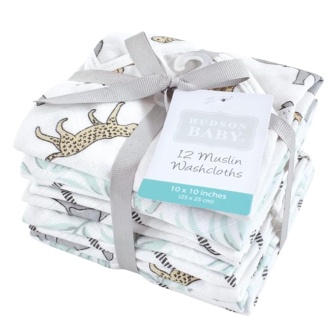 Hudson Baby Unisex Baby Cotton Muslin Washcloths, Modern Neutral Safari, One Size