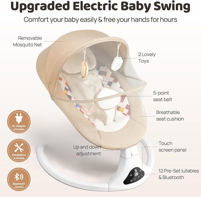 Baby Swing for Infants, Bluetooth Baby Swing with Remote Control, Portable Infant Swings with 5 Speed Motions, 12 Soothing Lullabies, Designed for Newborns (Max 20 lbs Beige)
