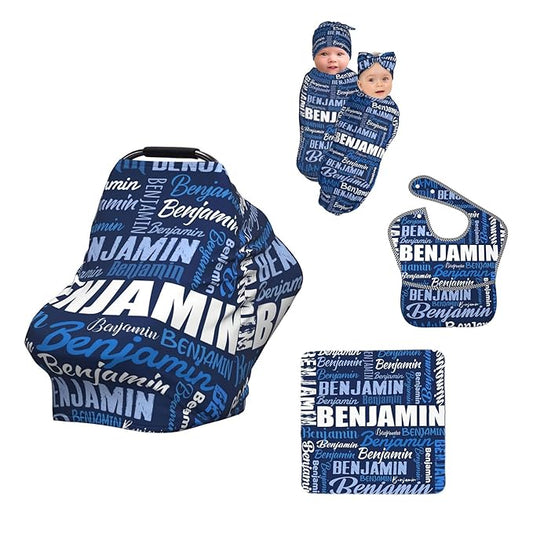 Personalized Baby Car Seat Cover for Boys Girls, Custom Monogram Nursing Covers for Breastfeeding with Name, Infant Stroller Cover, Optional Baby Bib, Baby Swaddle Set for Newborn Infant